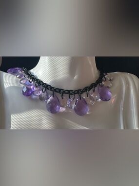 Amethyst Purple Small & Big Teardrop Crystal & Black Chain Necklace